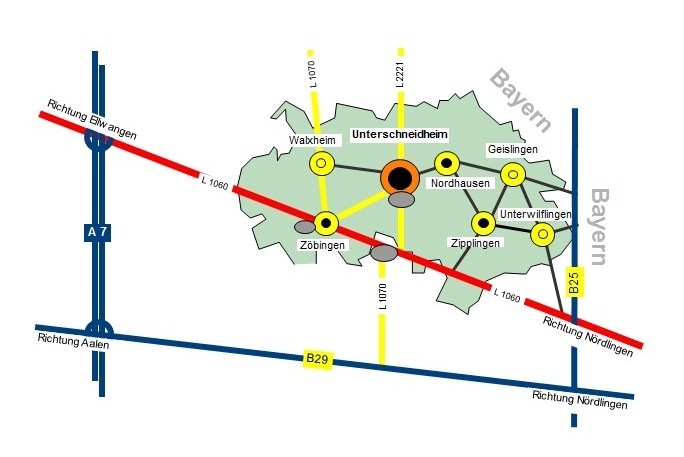 Lage Gemeinde Unterschneidheim (Verkehrsspinne)